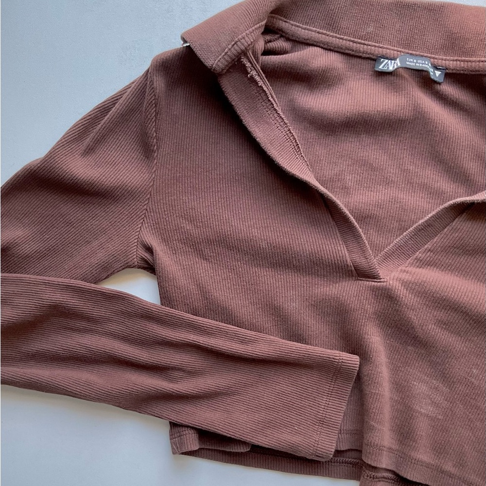 Zara Chocolate brown Ribbed Knit crop top with v-neck and collar